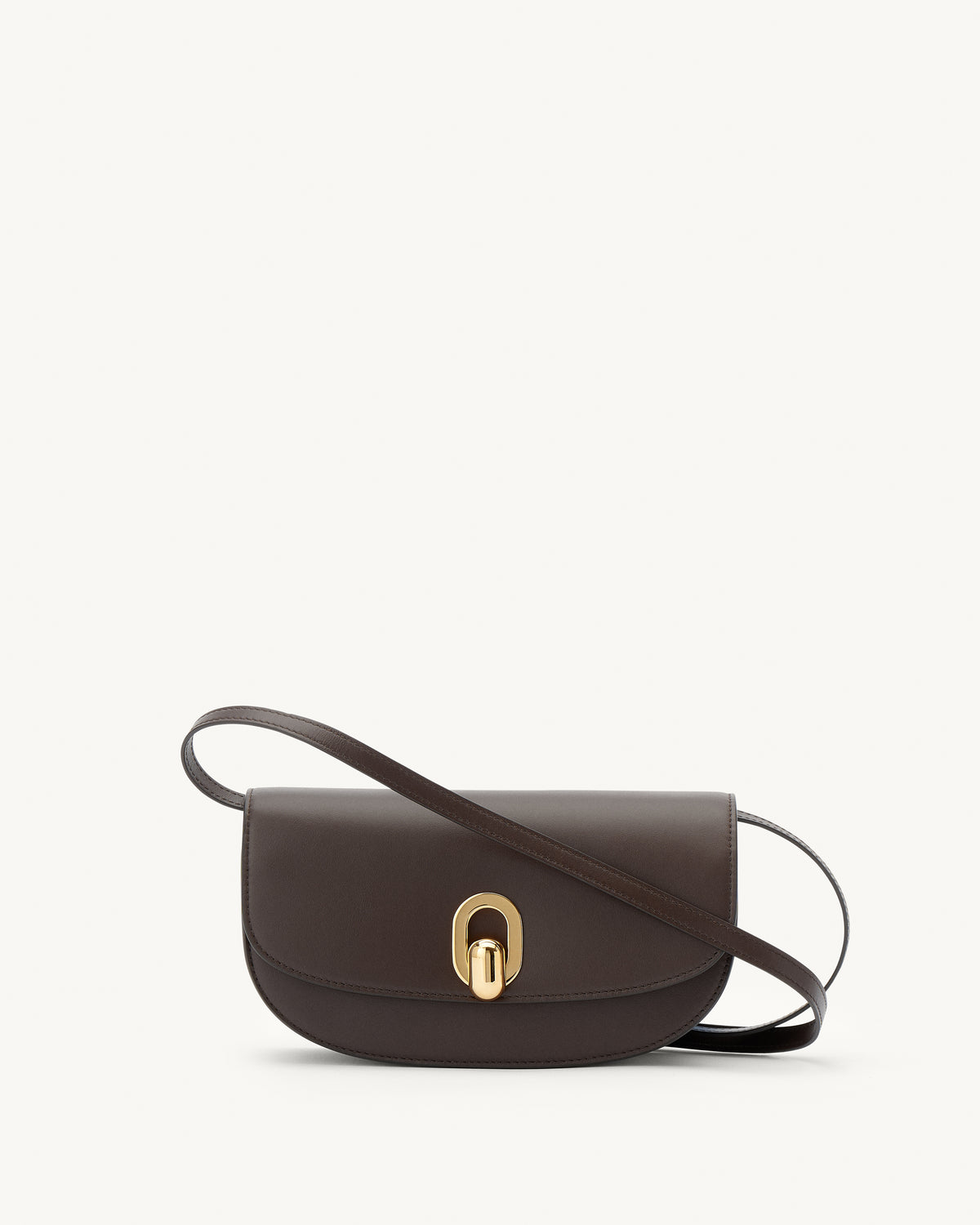 front view of a coffee brown leather handbag with gold hardware on a white background