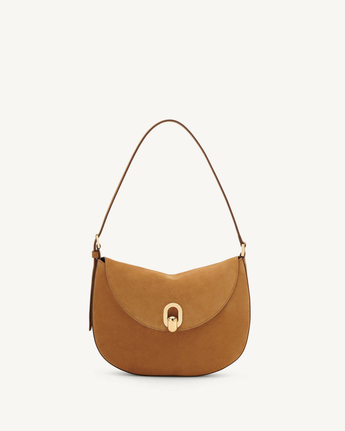 Front view saddle suede handbag with a gold clasp on a white background