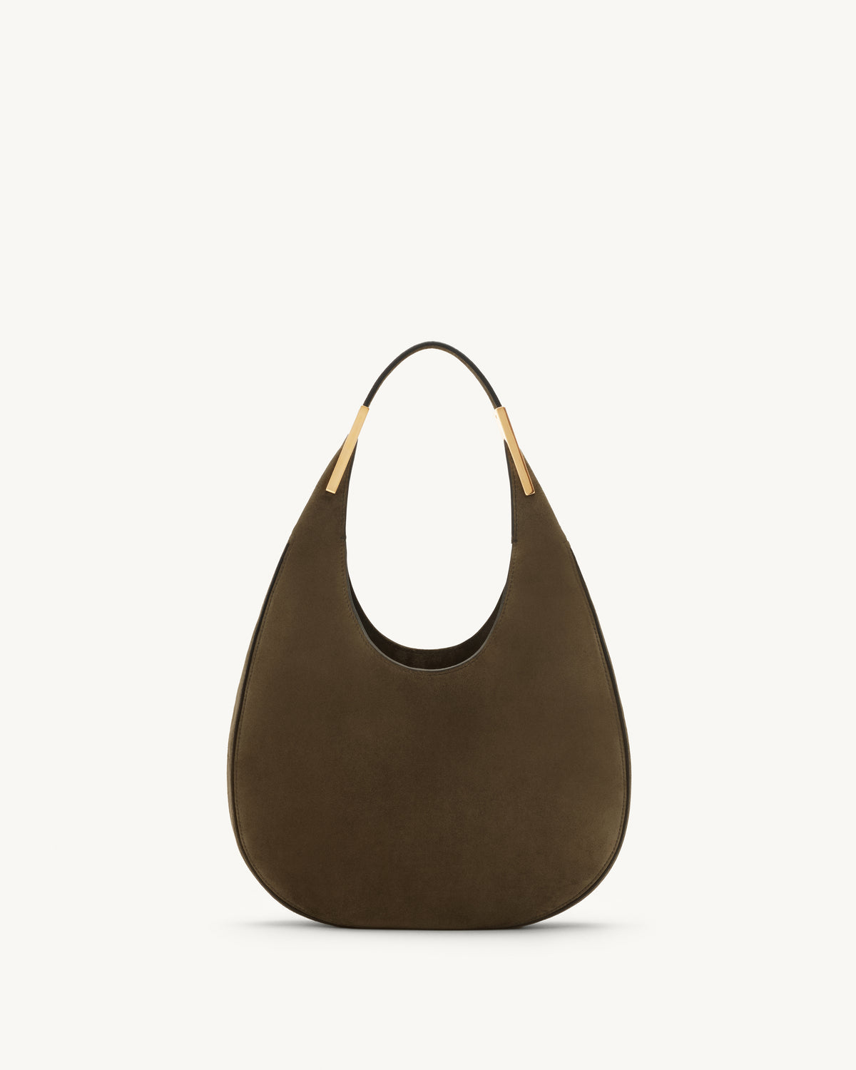 front view of mink brown suede bag with gold hardware on a white background
