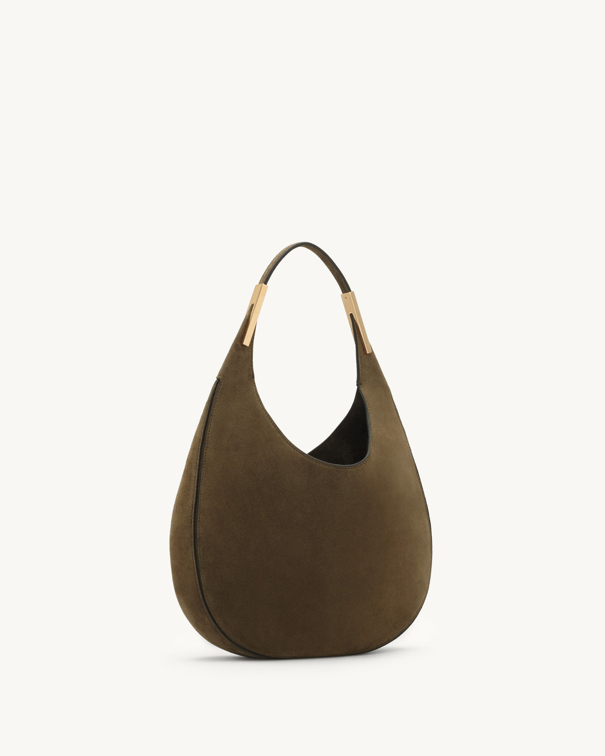side view of mink brown suede bag with gold hardware on a white background