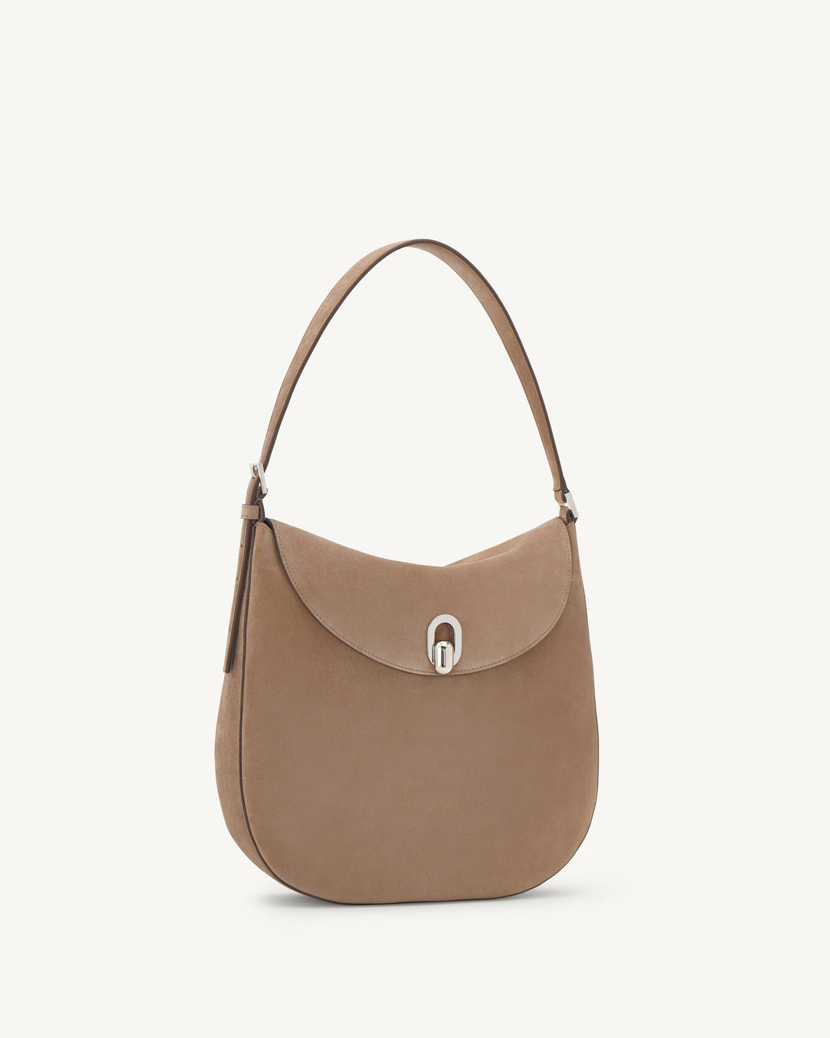 side view of taupe brown suede bag with silver hardware on a white background