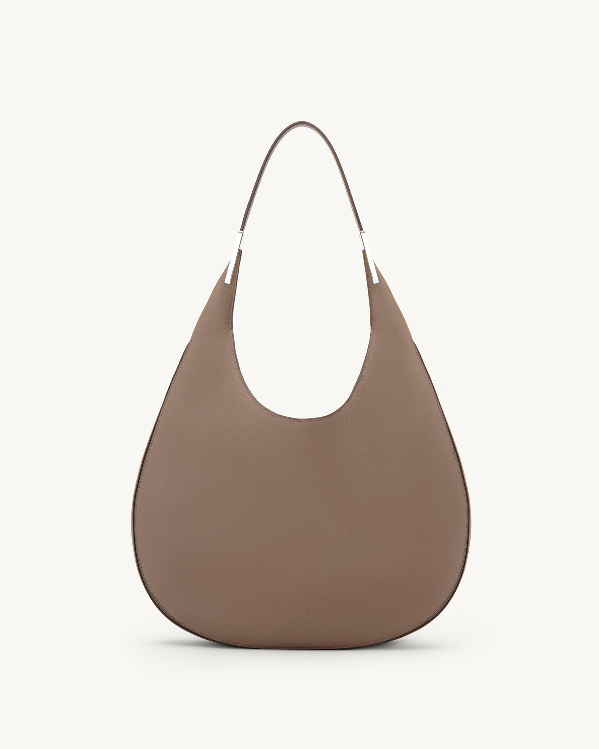 front view of a taupe brown bag with silver hardware on a white background