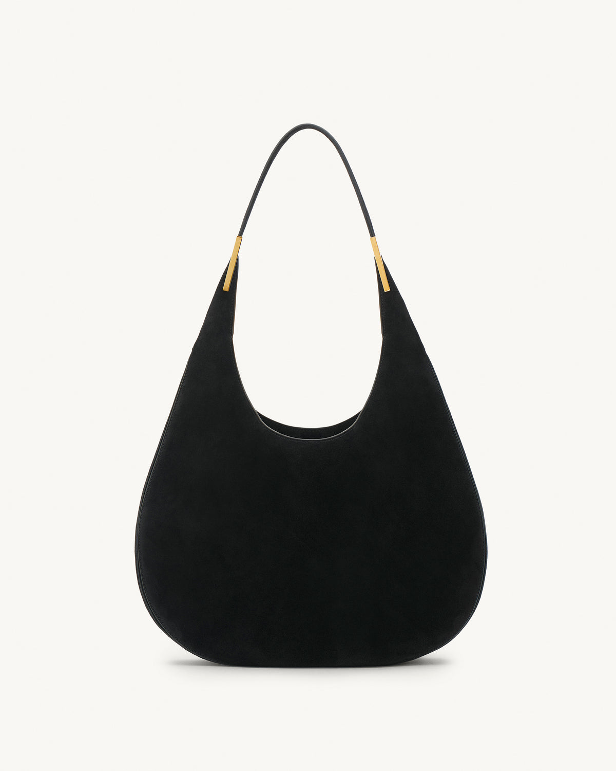 front view of black suede bag with gold hardware on a white background