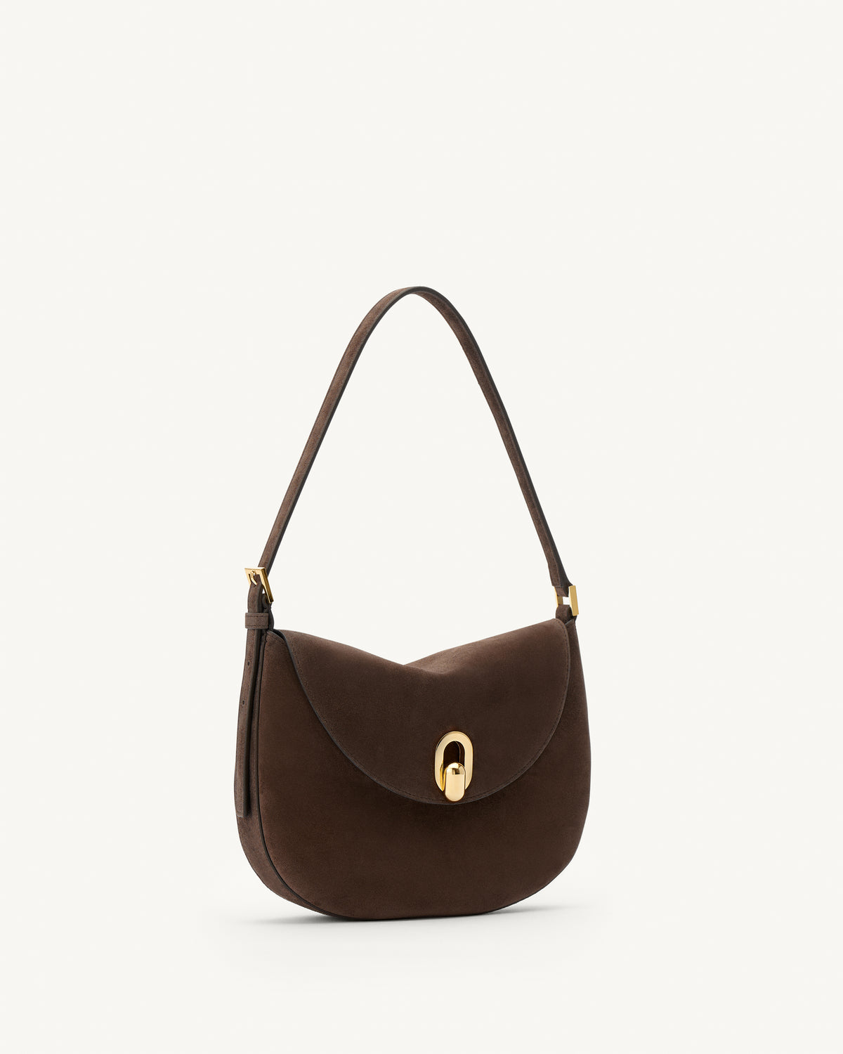 side view of a coffee brown suede shoulder bag with gold hardware on a white background
