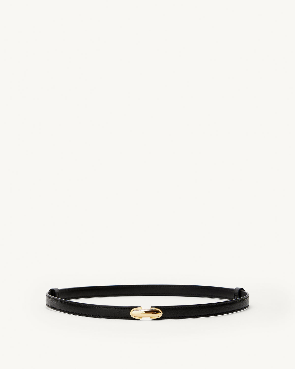 front view of a black belt with a gold clasp on a white background