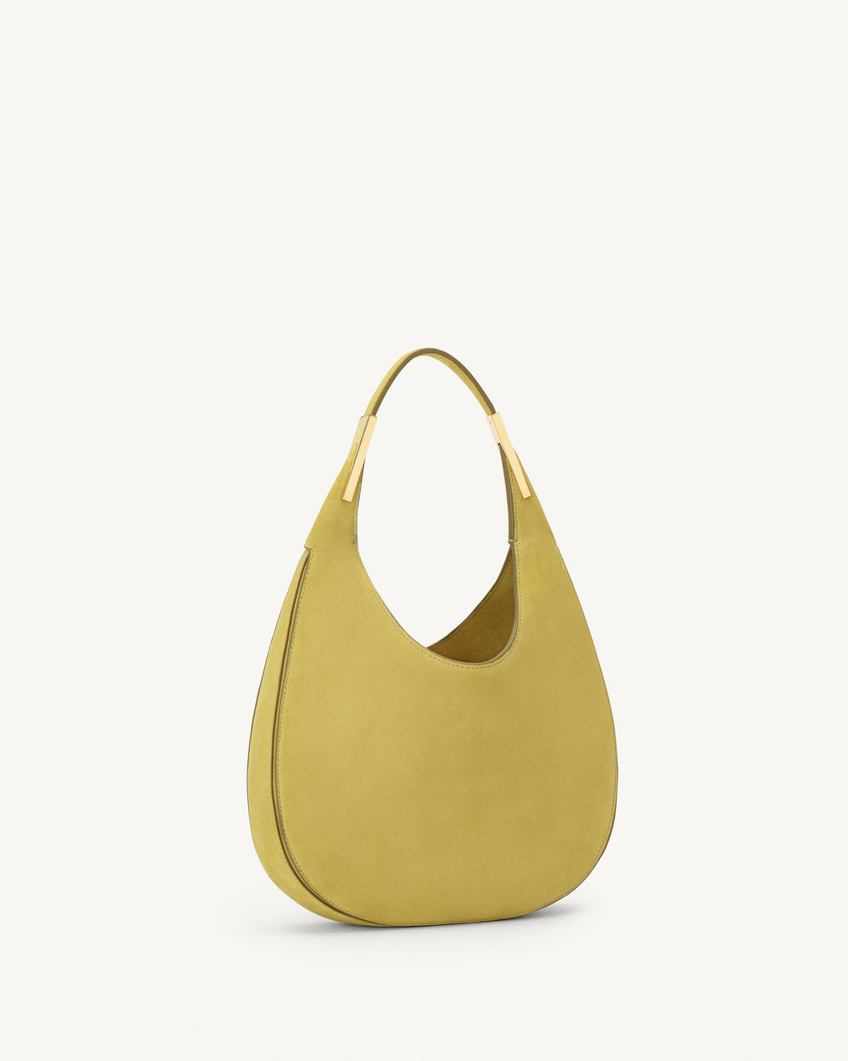side view of a chartreuse green suede bag with gold hardware on a white background