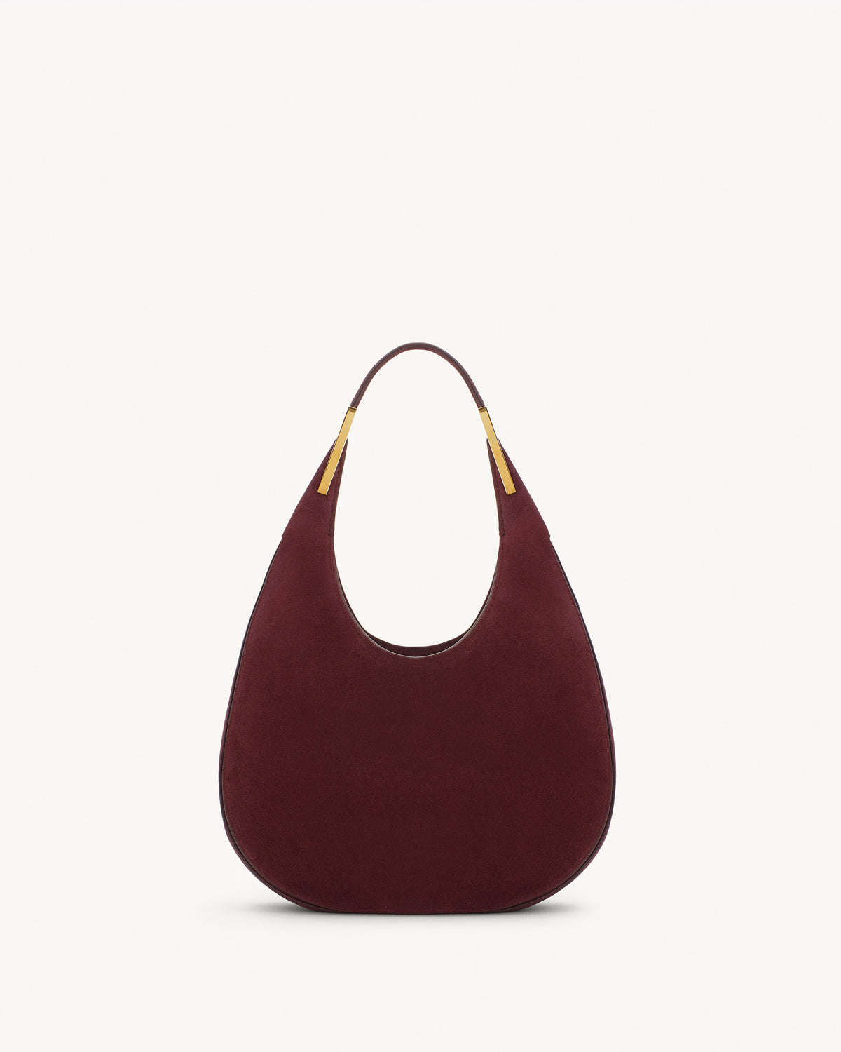 front view of a plum red suede bag with gold hardware on a white background