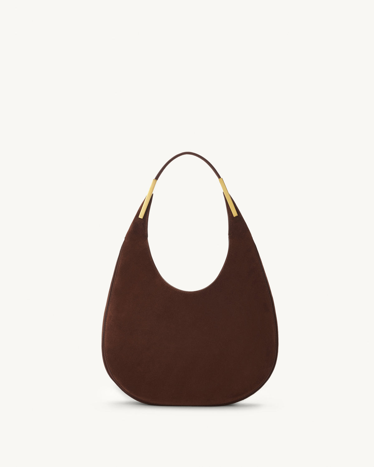 front view of espresso brown suede bag with gold hardware on a white background