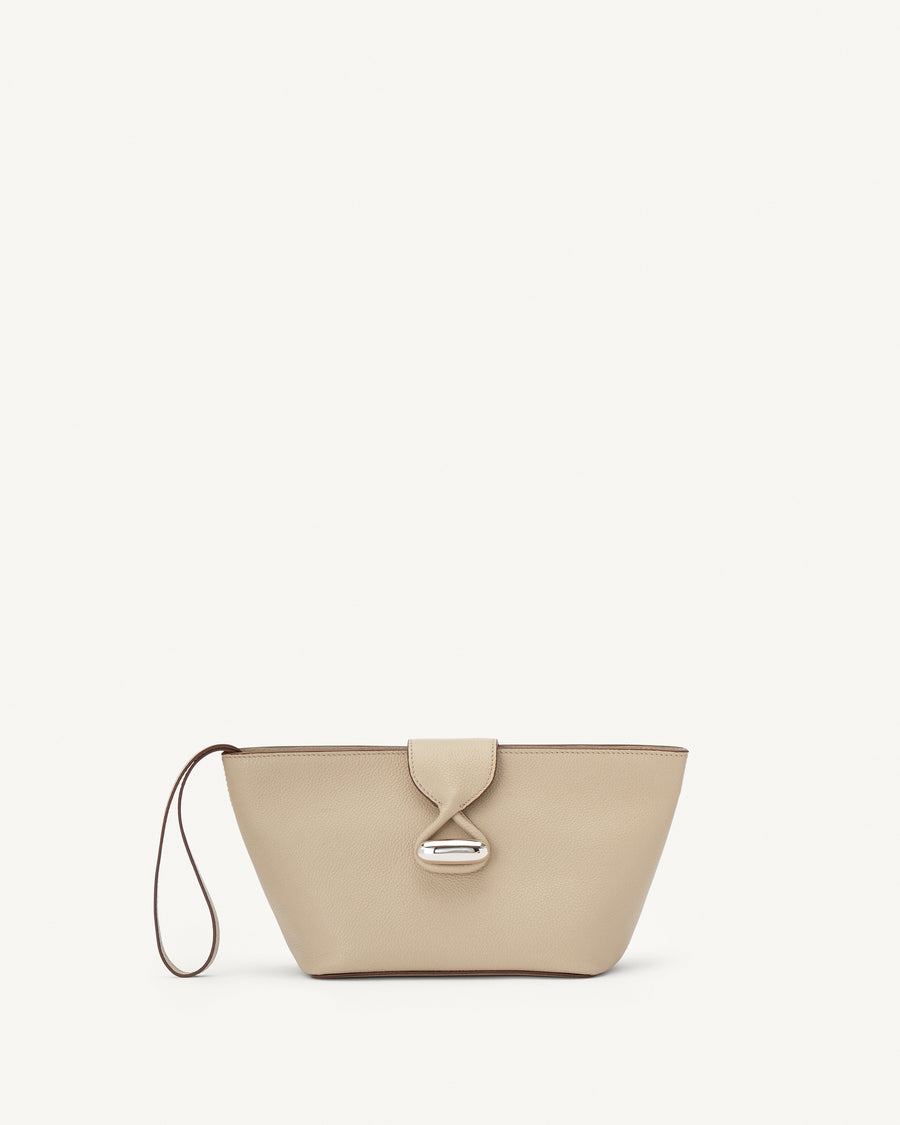 front view of bone beige leather pouch with silver hardware on a white background