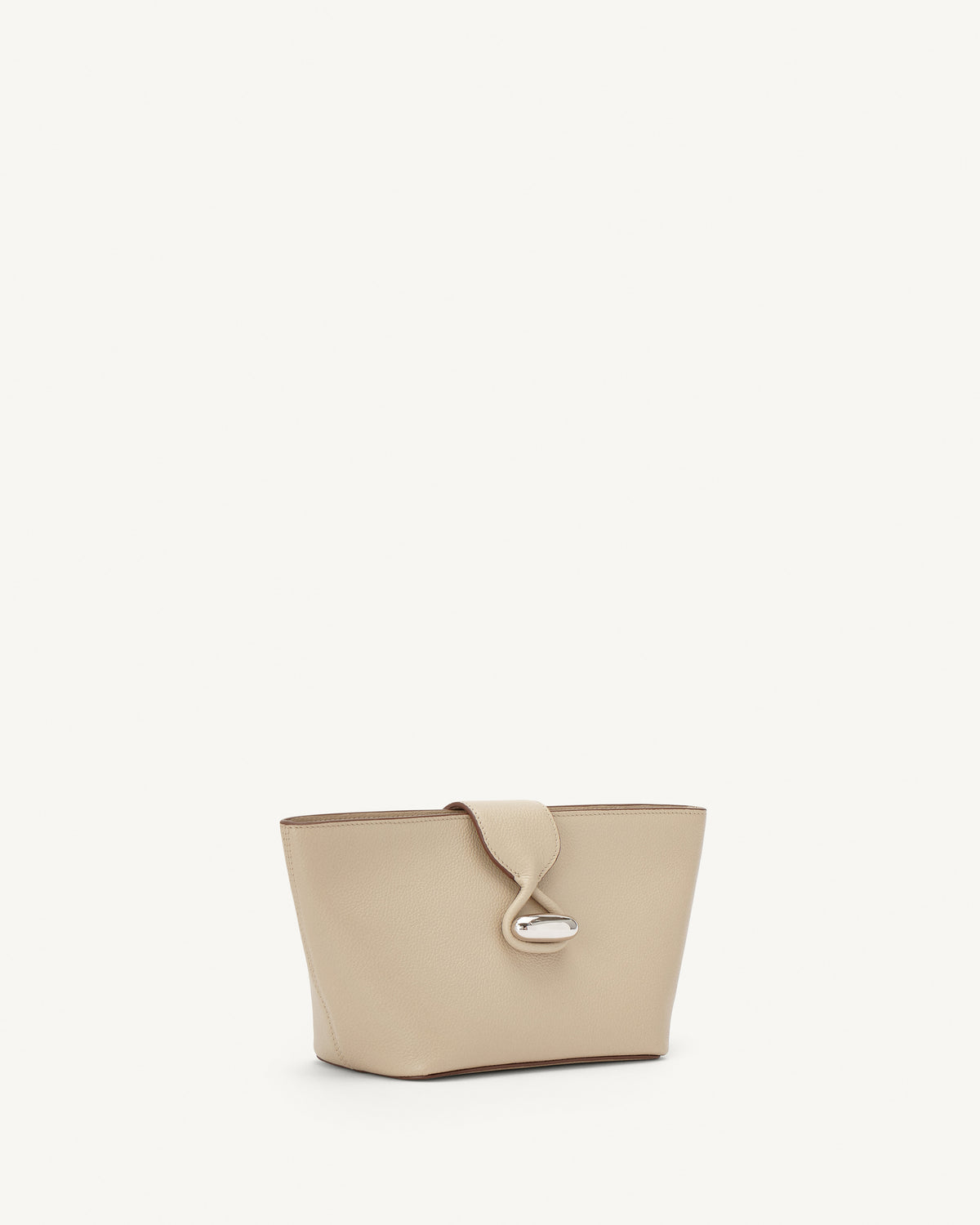 side view of bone beige leather pouch with silver hardware on a white background