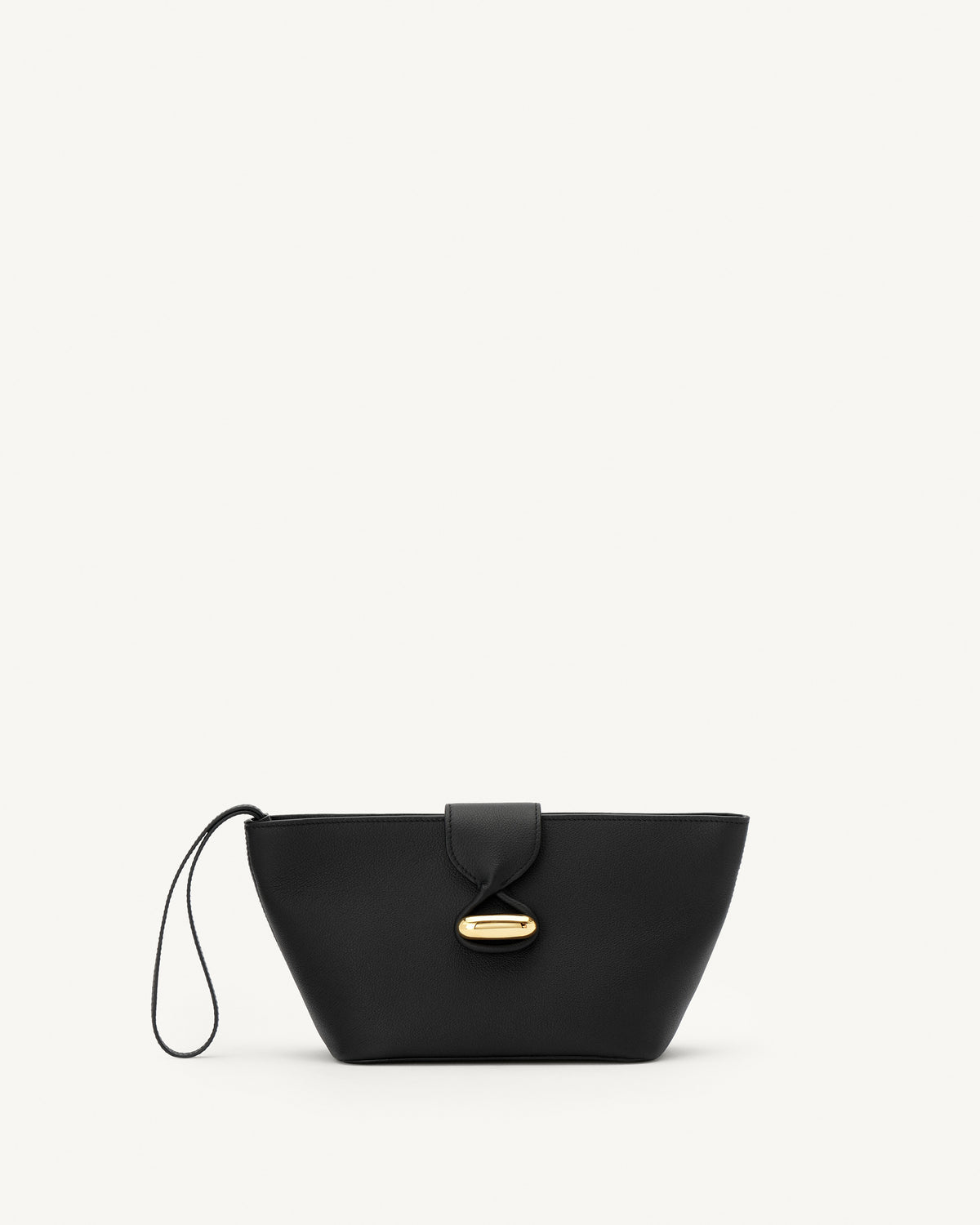 front view of a black leather pouch with gold hardware on a white background
