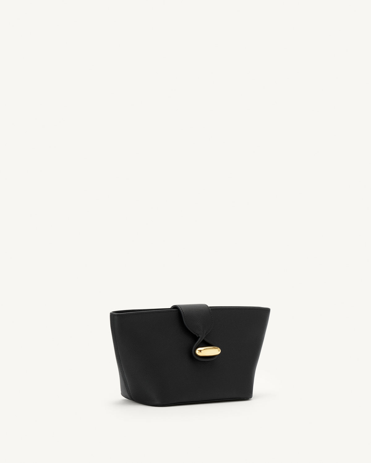 side view of a black leather pouch with gold hardware on a white background