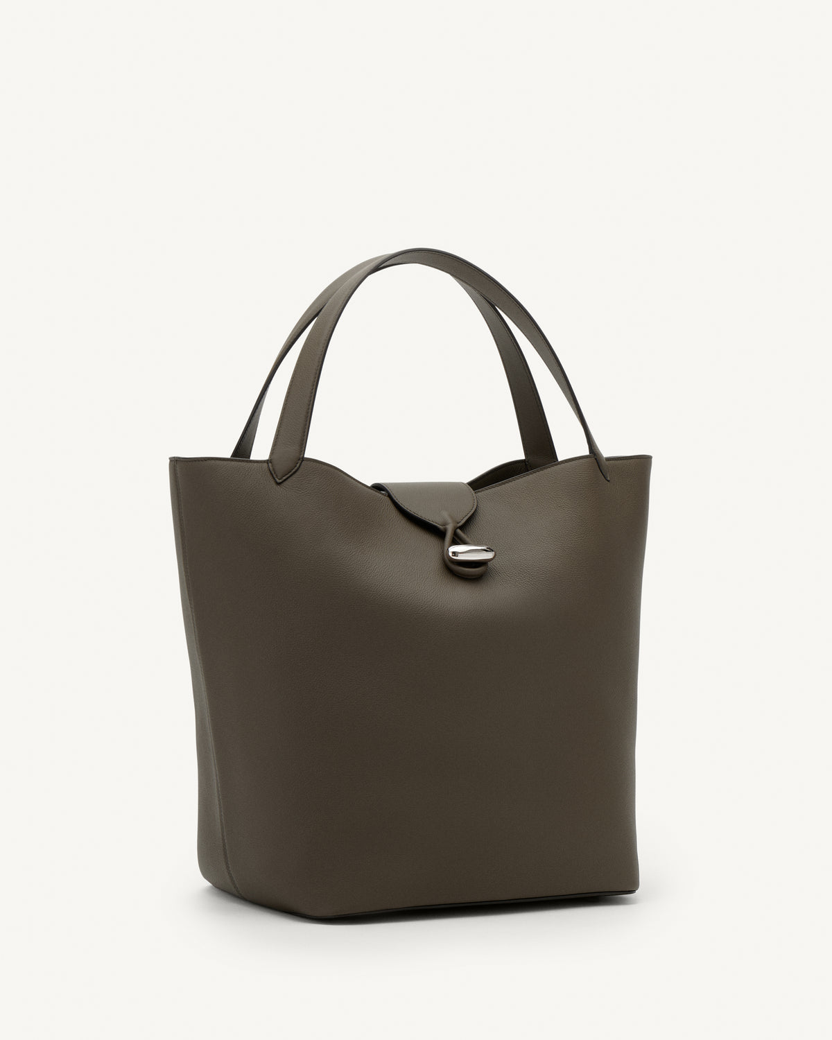 Side view of mink leather tote bag with silver hardware