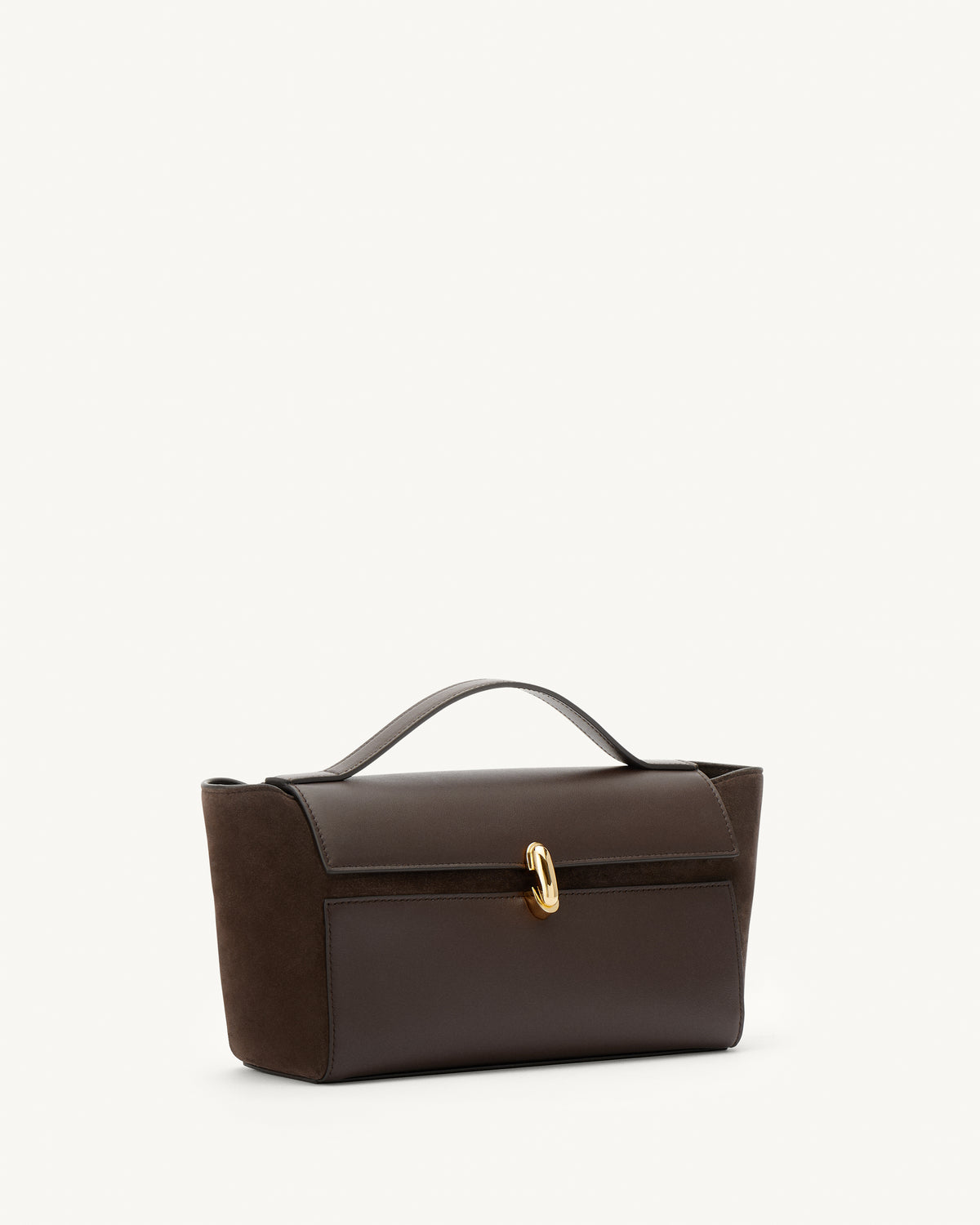 side view of a coffee brown top handle bag in smooth and suede leather with a gold clasp on a white background 
