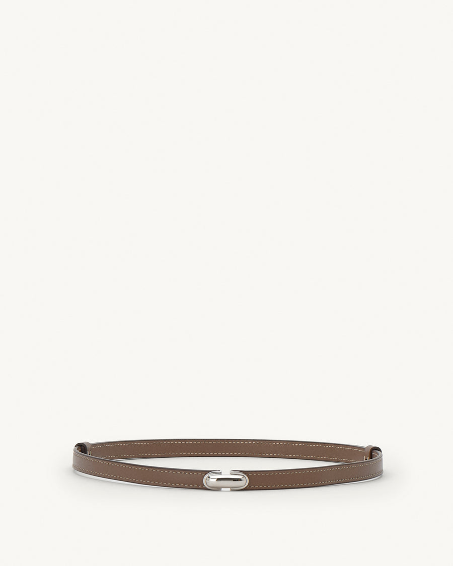 front view of a taupe brown belt with silver clasp on a white background