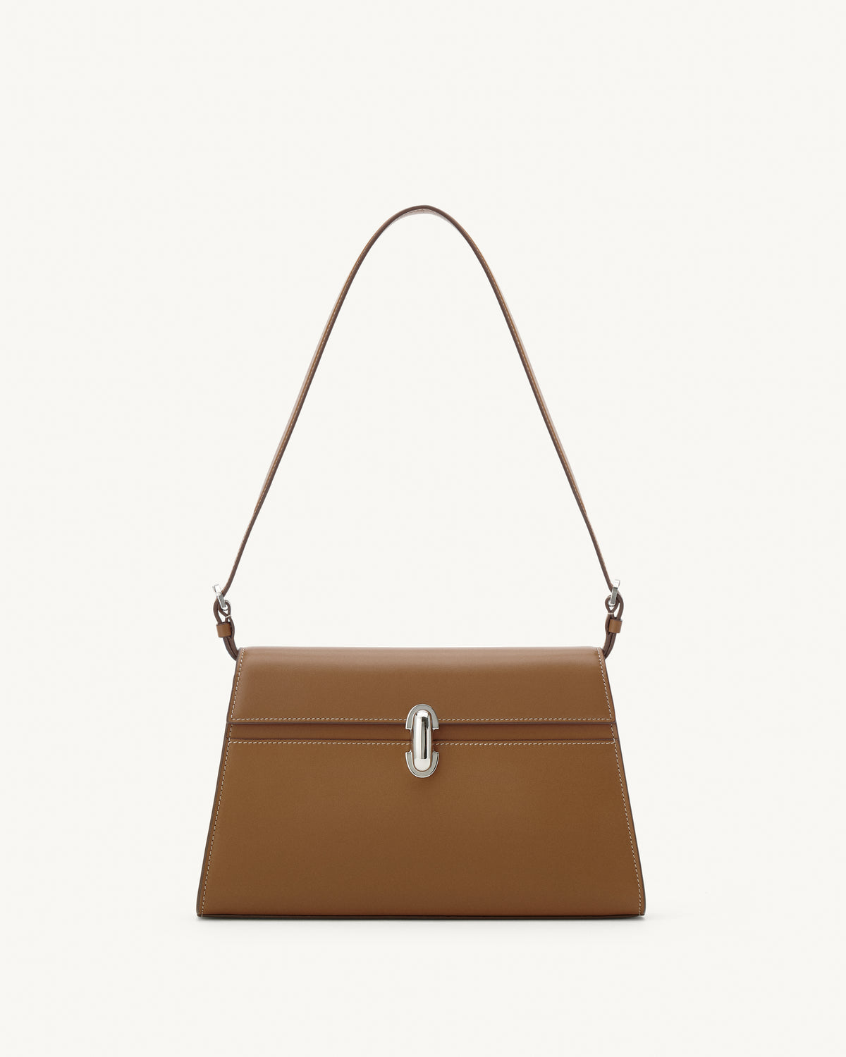 front view of a saddle brown leather bag with a silver clasp on a white background