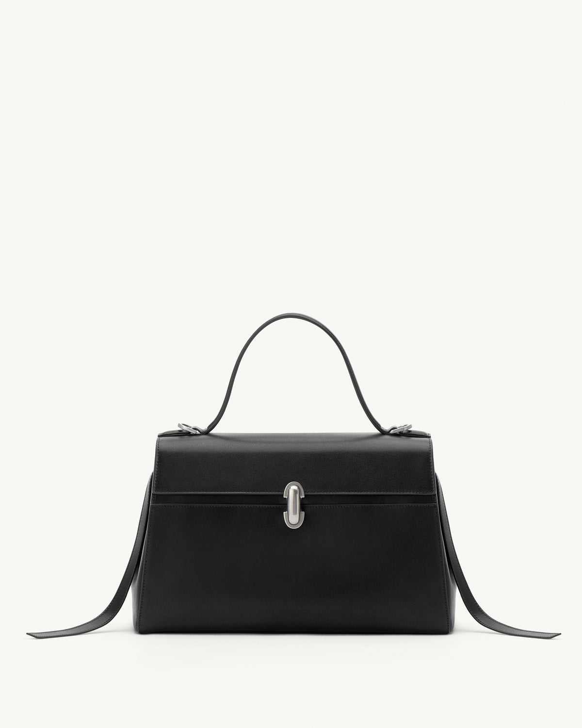 front view of a black leather handbag with a silver clasp on a white background