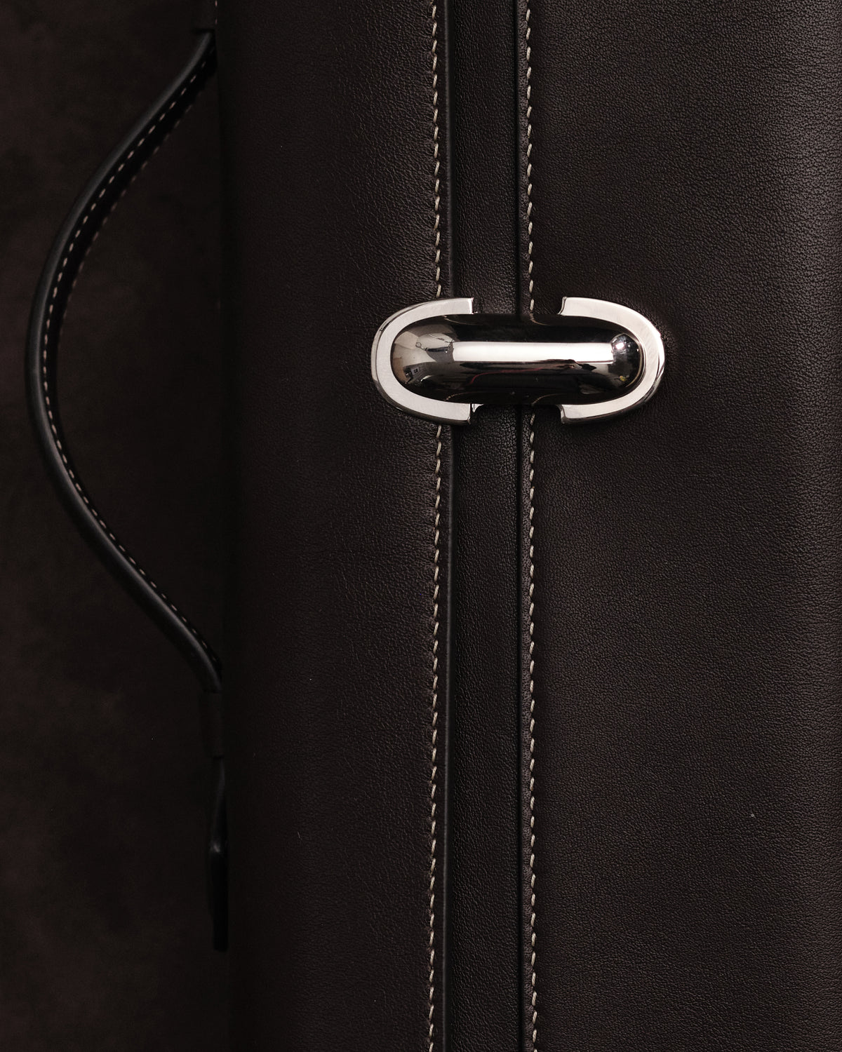 close up editorial image of a currant brown handbag with a silver clasp on a brown background