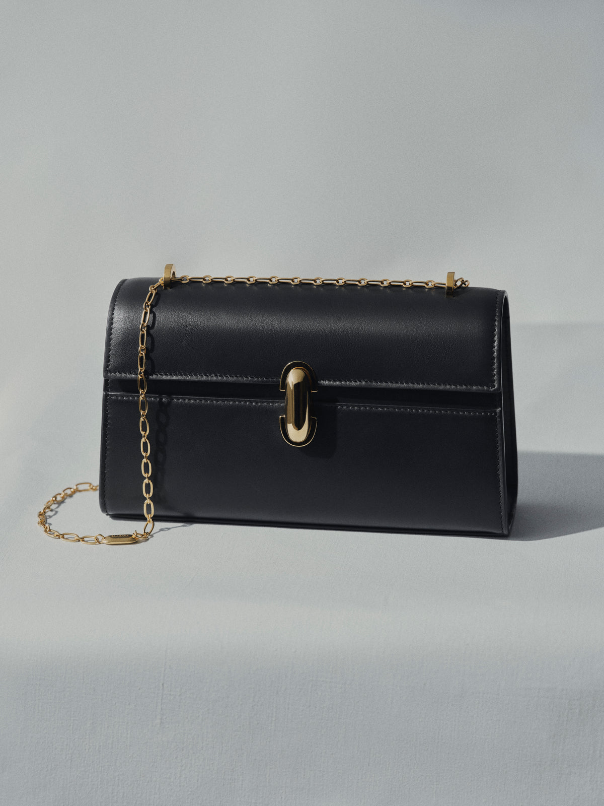 campaign image of black leather bag with gold clasp and gold chain on an off white background