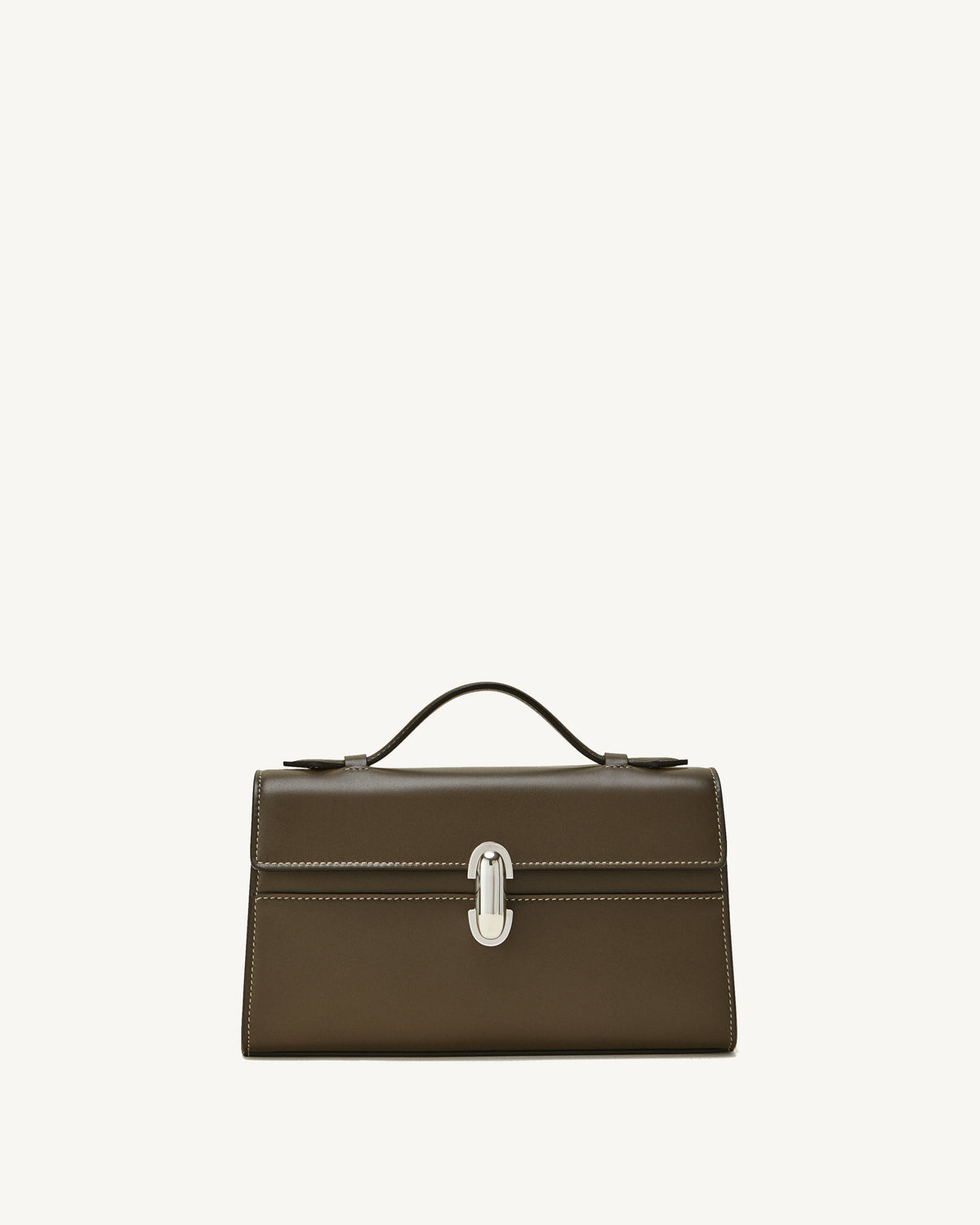 front view of a mink brown bag with silver clasp on a white background