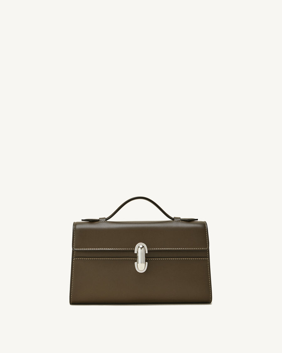 front view of a mink brown bag with silver clasp on a white background