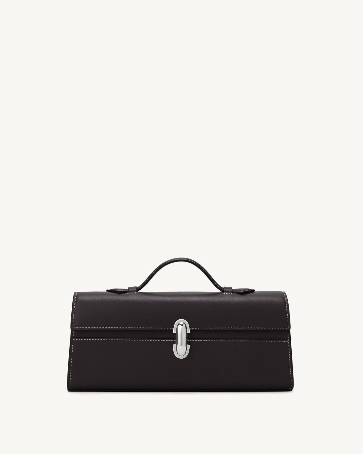 front view of a currant brown bag with silver clasp on a white background